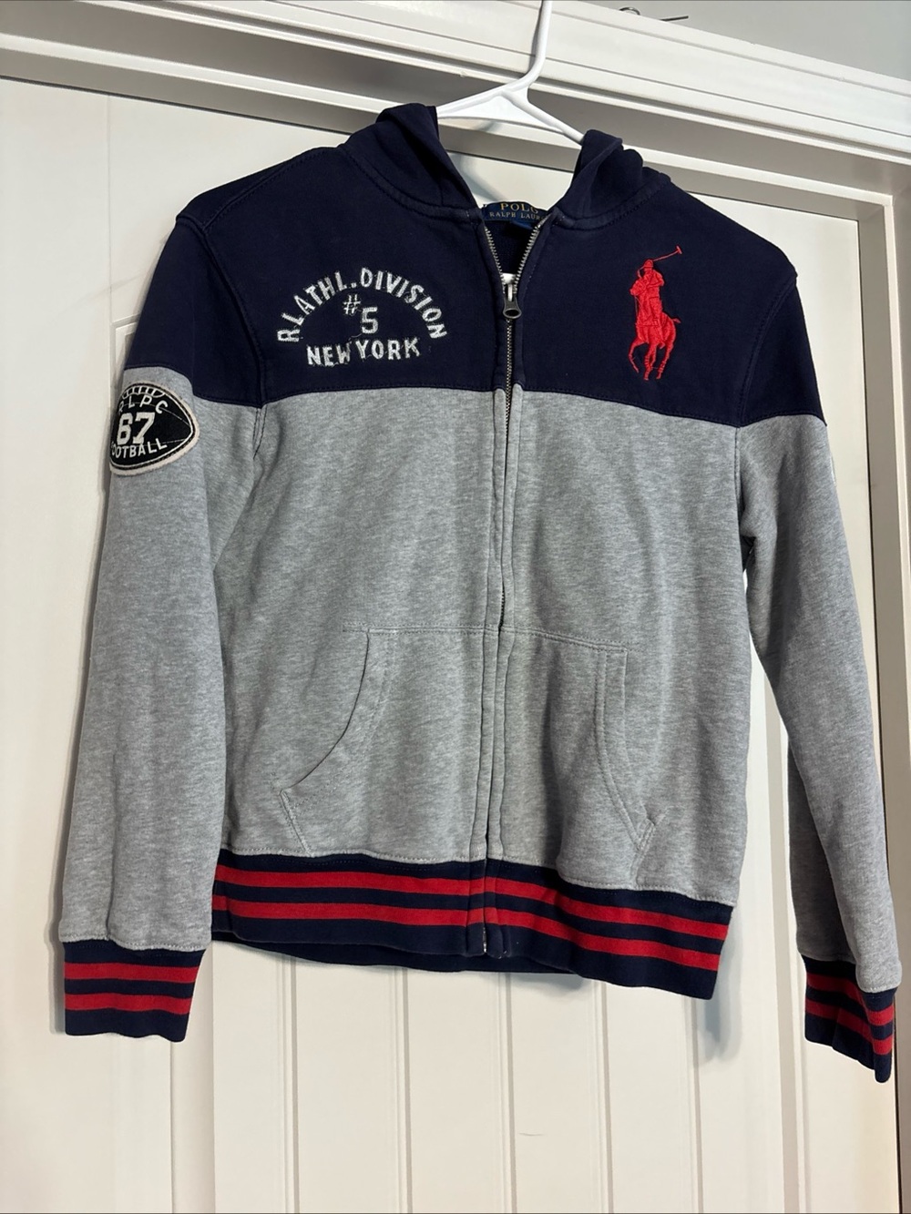 Polo by Ralph Lauren Grey & Navy Hooded Zip Sweatshirt with Red Pony